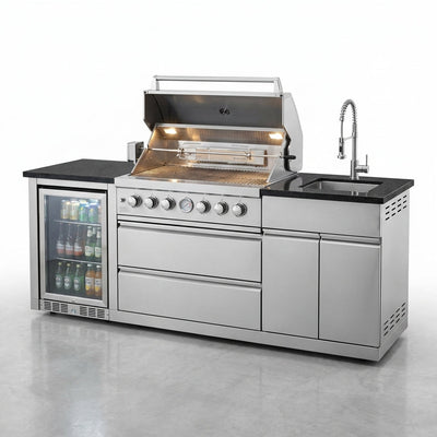 Outdoor Kitchen Island Built to Complete Your Patio Setup, 104" Gas Grill, Granite Countertop, Refrigerator