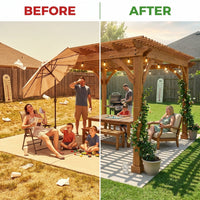 12X16 FT All Cedar Wood Wooden Pergola, Pergola Kit with Stakes, Quality Wood Supported Structure, Snow and Wind Supported, Outdoor Garden Shelter with Cedar Framed for Backyard, Deck, Lawn — Before & After