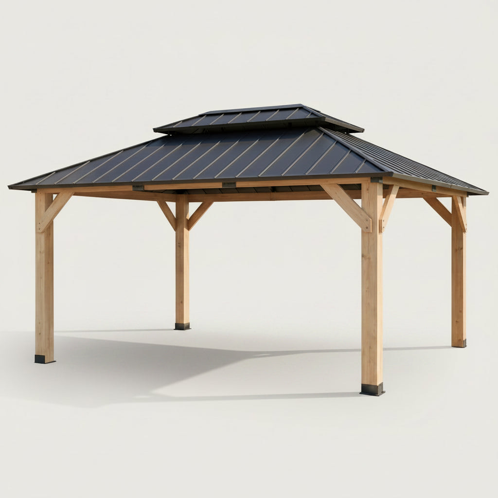 12' X 16' Wooden Gazebo,Patio Hardtop Gazebo Wood,Diy Color Permanent Pavilion with Galvanized Steel Double Metal Roof for Backyard, Deck(Windproof, Snow-Load Bearing, Waterproof, Rustproof)