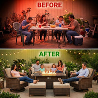 7 Piece Outdoor Patio Furniture Set, Patio Furniture Set with Fire Pit Table Rattan Wicker Patio Furniture Set, Brown Wicker & Beige Cushion — Before & After