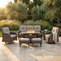 7 Piece Outdoor Patio Furniture Set, Patio Furniture Set with Fire Pit Table Rattan Wicker Patio Furniture Set, Brown Wicker & Beige Cushion — Studio Shot