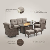 7 Piece Outdoor Patio Furniture Set, Patio Furniture Set with Fire Pit Table Rattan Wicker Patio Furniture Set, Brown Wicker & Beige Cushion — infographic