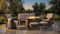 7 Piece Outdoor Patio Furniture Set, Patio Furniture Set with Fire Pit Table Rattan Wicker Patio Furniture Set, Brown Wicker & Beige Cushion — Lifestyle
