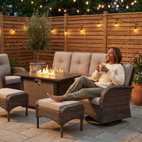7 Piece Outdoor Patio Furniture Set, Patio Furniture Set with Fire Pit Table Rattan Wicker Patio Furniture Set, Brown Wicker & Beige Cushion — Lifestyle