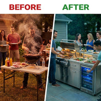 82-Inch 6-Burner Gas Grill 85,000 BTU Outdoor Kitchen Barbecue, Stainless Steel Grill Island with Sink, Storage Cabinets, and Wine Refrigerator,Backyard, Patio, Lawn, Silver (Silver, 82.4") — Before & After