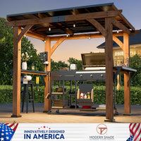 Modern Shade Grill Gazebo 6' X 8', Cedar Wood Gazebo with USB and USB-C Charging Ports, Outdoor Bar with Galvanized Steel Roof, Shelves and Paper Towel Holder, Patio Bars for Backyard