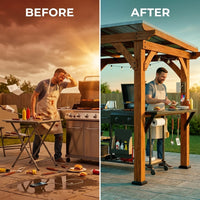Modern Shade Grill Gazebo 6' X 8', Cedar Wood Gazebo with USB and USB-C Charging Ports, Outdoor Bar with Galvanized Steel Roof, Shelves and Paper Towel Holder, Patio Bars for Backyard — Before & After