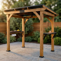 Modern Shade Grill Gazebo 6' X 8', Cedar Wood Gazebo with USB and USB-C Charging Ports, Outdoor Bar with Galvanized Steel Roof, Shelves and Paper Towel Holder, Patio Bars for Backyard — Studio Shot