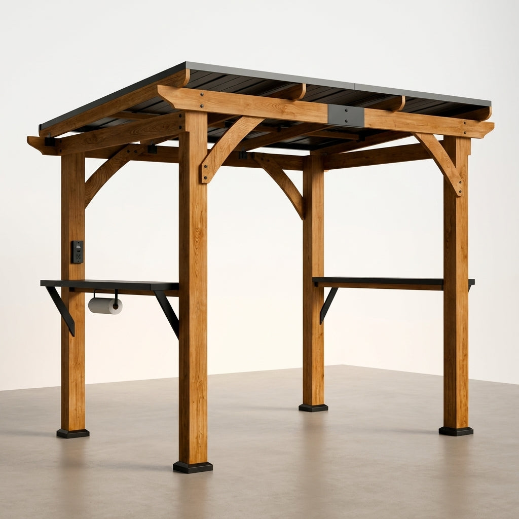 Modern Shade Grill Gazebo 6' X 8', Cedar Wood Gazebo with USB and USB-C Charging Ports, Outdoor Bar with Galvanized Steel Roof, Shelves and Paper Towel Holder, Patio Bars for Backyard — Studio Shot