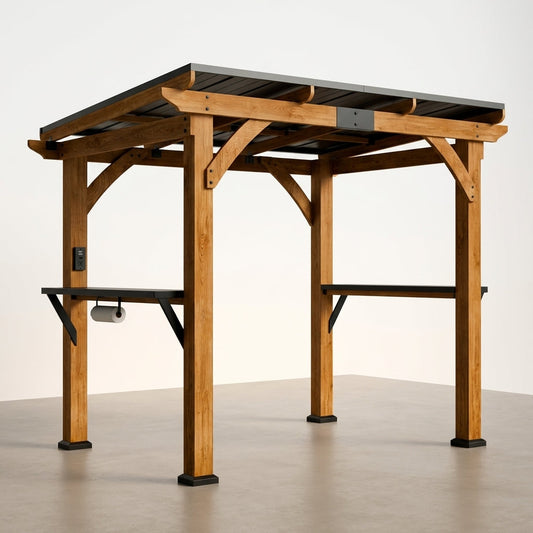 Modern Shade Grill Gazebo 6' X 8', Cedar Wood Gazebo with USB and USB-C Charging Ports, Outdoor Bar with Galvanized Steel Roof, Shelves and Paper Towel Holder, Patio Bars for Backyard — Studio Shot