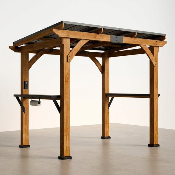 Modern Shade Grill Gazebo 6' X 8', Cedar Wood Gazebo with USB and USB-C Charging Ports, Outdoor Bar with Galvanized Steel Roof, Shelves and Paper Towel Holder, Patio Bars for Backyard — Studio Shot