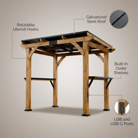 Modern Shade Grill Gazebo 6' X 8', Cedar Wood Gazebo with USB and USB-C Charging Ports, Outdoor Bar with Galvanized Steel Roof, Shelves and Paper Towel Holder, Patio Bars for Backyard — infographic