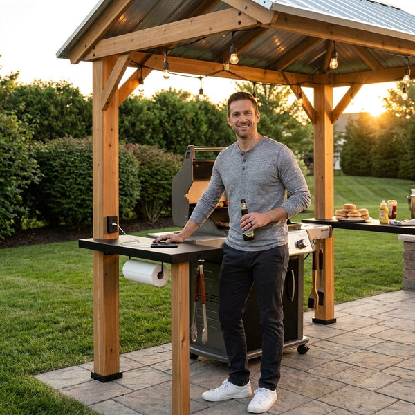 Outdoor Grill Gazebo Designed for Backyard Cooking, Cedar Wood Frame, Steel Roof, USB Charging Ports