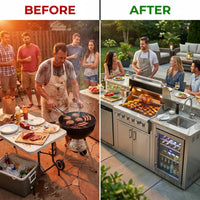 Modular Outdoor Kitchen BBQ Island, 104" Outdoor Kitchen Propane Gas Island Grill with Sink, Compact Refrigerator, Storage Cabinets, Rotisserie Kit (Silver, 104") — Before & After