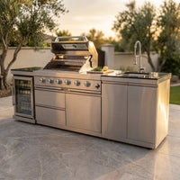 Modular Outdoor Kitchen BBQ Island, 104" Outdoor Kitchen Propane Gas Island Grill with Sink, Compact Refrigerator, Storage Cabinets, Rotisserie Kit (Silver, 104") — Studio Shot