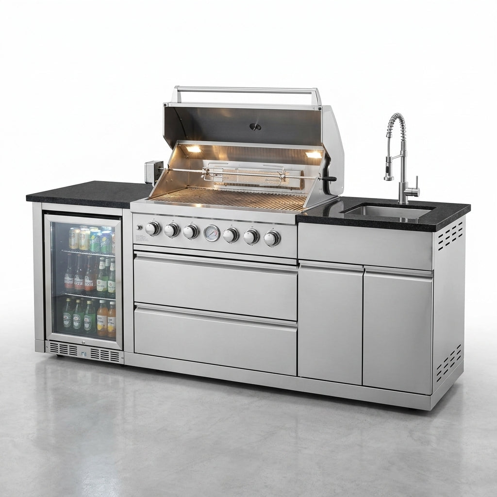 Modular Outdoor Kitchen BBQ Island, 104" Outdoor Kitchen Propane Gas Island Grill with Sink, Compact Refrigerator, Storage Cabinets, Rotisserie Kit (Silver, 104") — Studio Shot