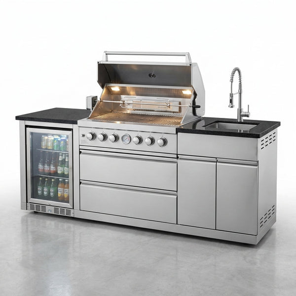 Modular Outdoor Kitchen BBQ Island, 104" Outdoor Kitchen Propane Gas Island Grill with Sink, Compact Refrigerator, Storage Cabinets, Rotisserie Kit (Silver, 104") — Studio Shot