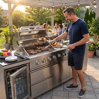 Modular Outdoor Kitchen BBQ Island, 104" Outdoor Kitchen Propane Gas Island Grill with Sink, Compact Refrigerator, Storage Cabinets, Rotisserie Kit (Silver, 104") — Lifestyle
