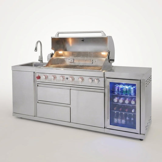 Outdoor Kitchen Island Built to Transform Your Backyard, 85,000 BTU 6-Burner Grill, Stainless Steel Sink, Wine Cooler — Studio Shot
