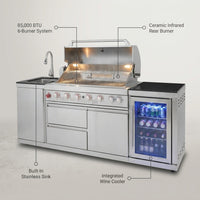 Outdoor Kitchen Island Built to Transform Your Backyard, 85,000 BTU 6-Burner Grill, Stainless Steel Sink, Wine Cooler — infographic