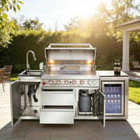 82-Inch 6-Burner Gas Grill 85,000 BTU Outdoor Kitchen Barbecue, Stainless Steel Grill Island with Sink, Storage Cabinets, and Wine Refrigerator,Backyard, Patio, Lawn, Silver (Silver, 82.4")